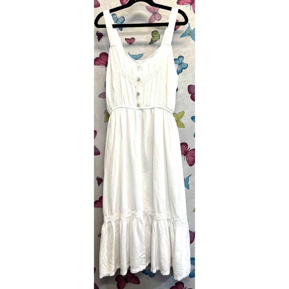 Harlow & Rose White Sleeveless Button-Front Boho Dress Lined Tiered Hem Small - Picture 1 of 2